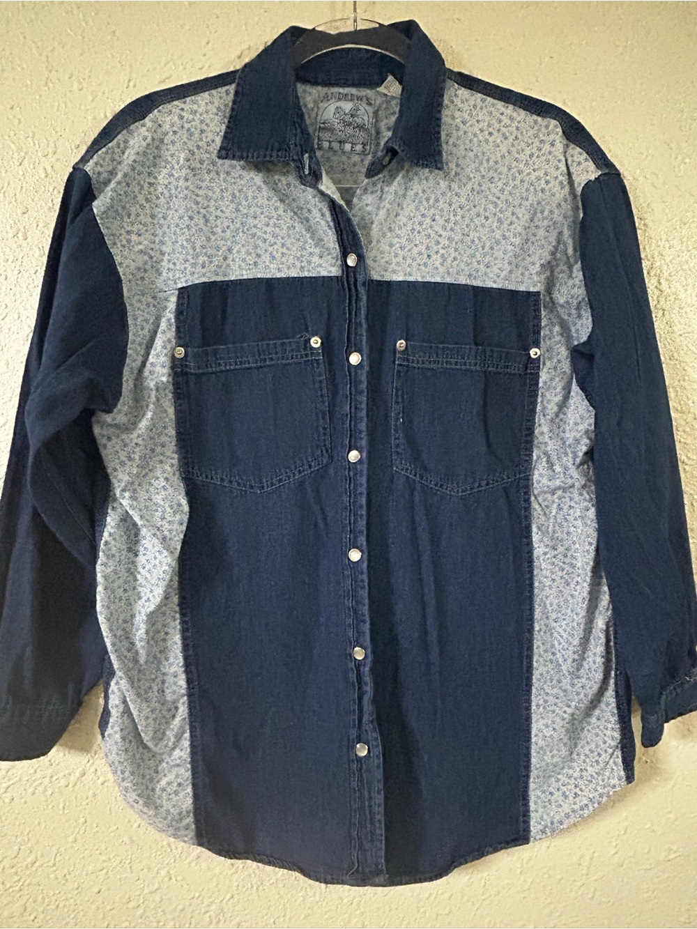 Vintage Andrew’s Blues and Light Blue Patchwork Denim Button-Down Shirt